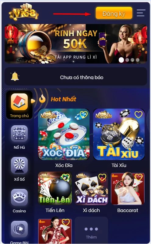 Chọn đăng ký tại trang chủ vi68s.cc