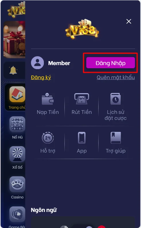 Chọn đăng nhập tại trang chủ Vi68