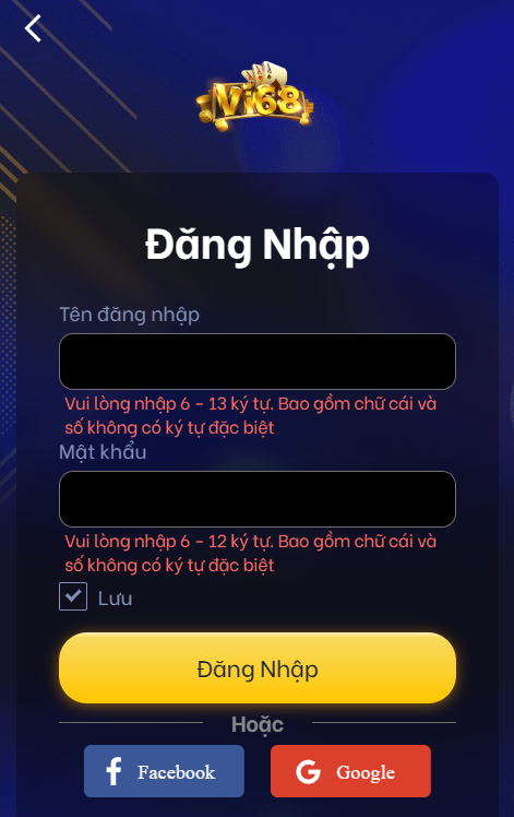 Điền thông tin vào form đăng nhập Vi68