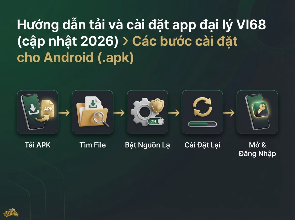 C&agrave;i đặt app Android minh họa c&aacute;c bước cần thiết để c&agrave;i đặt ứng dụng với tệp APK v&agrave; biểu tượng c&agrave;i đặt