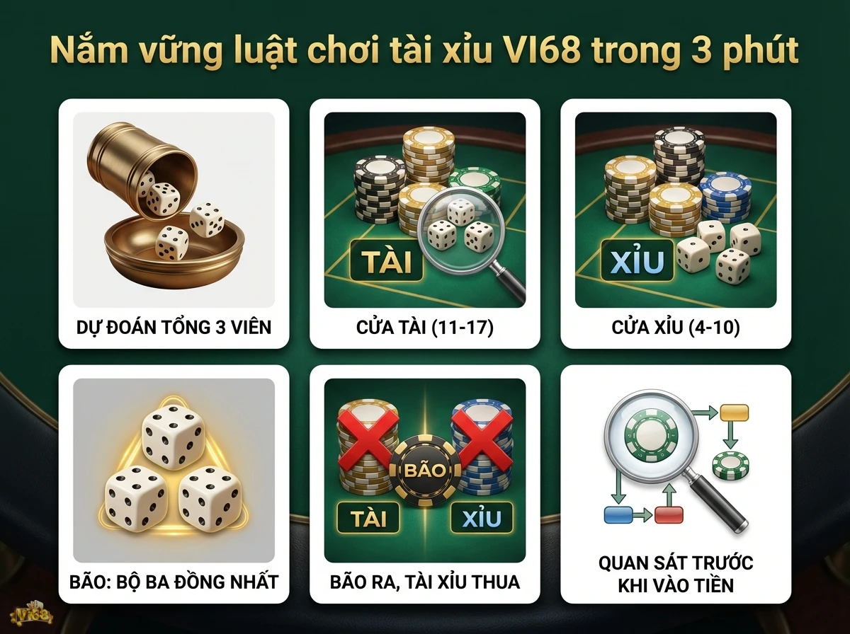 Luật chơi t&agrave;i xỉu giải th&iacute;ch chi tiết c&aacute;c quy tắc đặt cược v&agrave; trường hợp đặc biệt với x&uacute;c xắc v&agrave; chip poker