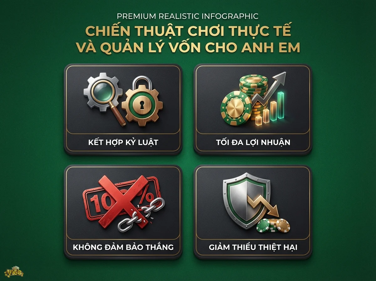 Chiến thuật chơi v&agrave; quản l&yacute; vốn gi&uacute;p tối đa h&oacute;a lợi nhuận v&agrave; giảm thiểu thiệt hại, với chip poker v&agrave; khi&ecirc;n bảo vệ