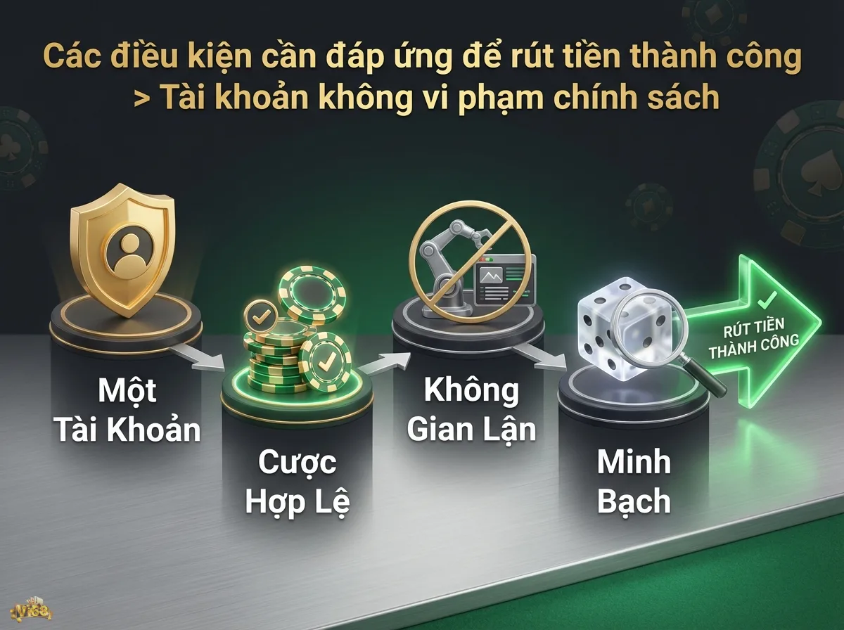 Điều kiện r&uacute;t tiền th&agrave;nh c&ocirc;ng để đảm bảo giao dịch diễn ra minh bạch, thể hiện qua chip poker v&agrave; k&iacute;nh l&uacute;p