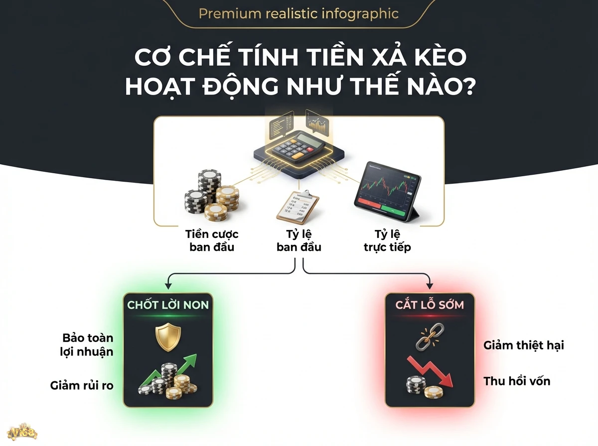 Cơ chế xả k&egrave;o ph&acirc;n t&iacute;ch c&aacute;c yếu tố t&iacute;nh to&aacute;n v&agrave; hai lựa chọn chốt lời, cắt lỗ, thể hiện qua c&aacute;c chip poker v&agrave; mũi t&ecirc;n l&ecirc;n xuống