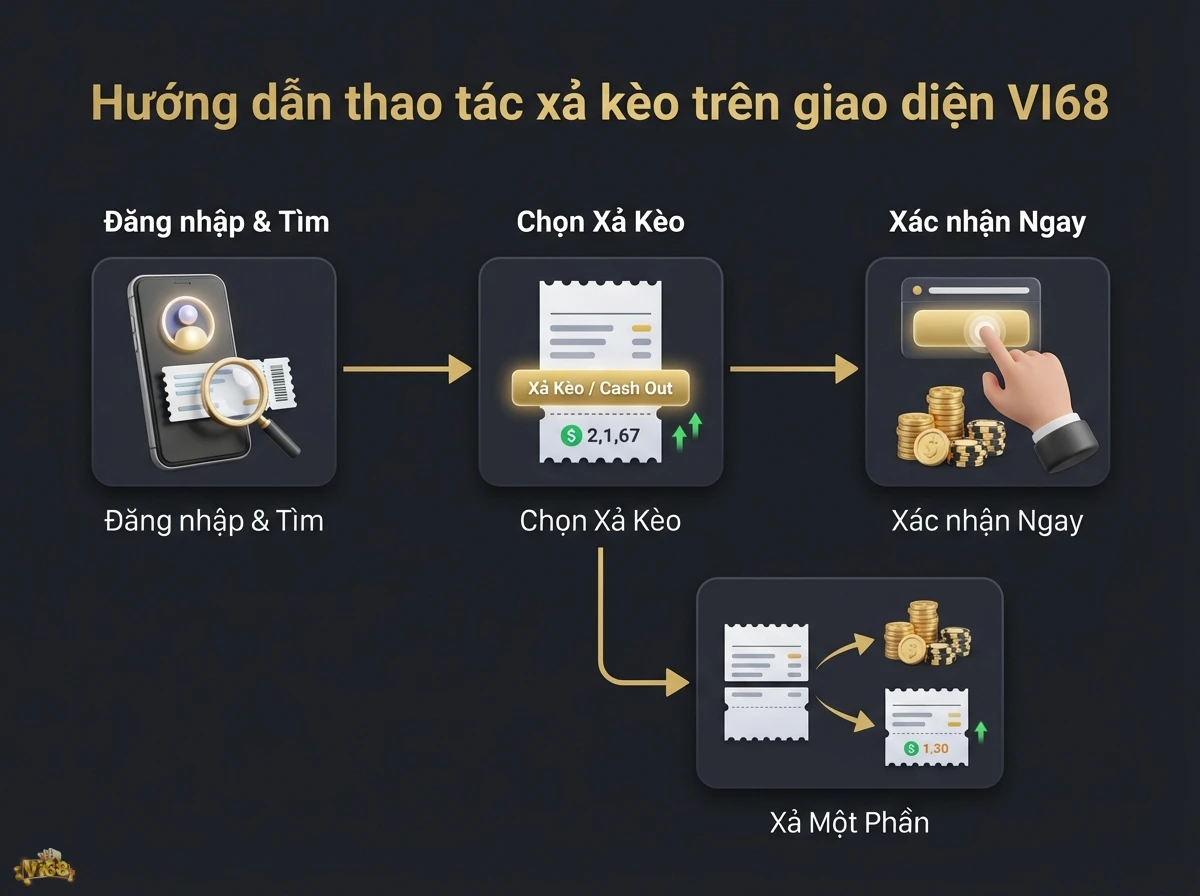 Thao t&aacute;c xả k&egrave;o, hướng dẫn chi tiết quy tr&igrave;nh xả k&egrave;o to&agrave;n bộ v&agrave; một phần tr&ecirc;n v&eacute; cược với n&uacute;t Cash Out