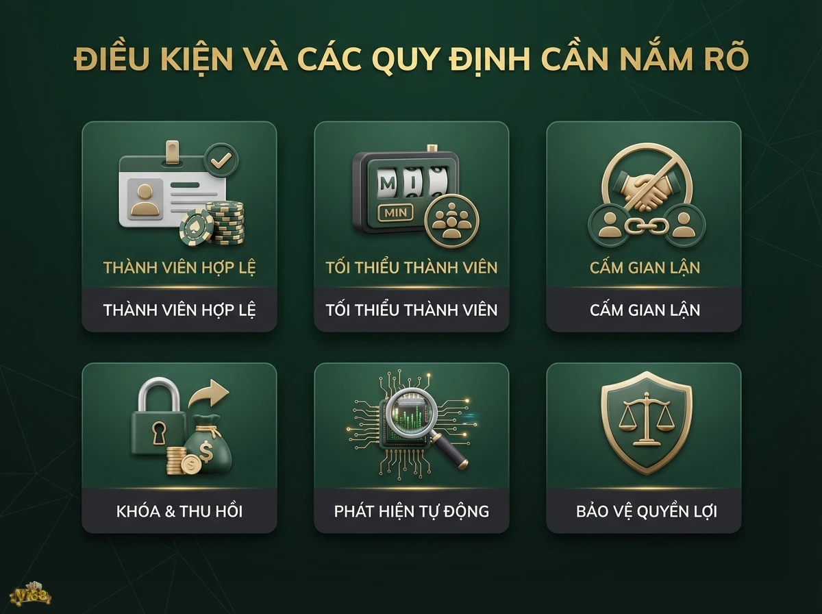 Điều kiện v&agrave; quy định minh họa c&aacute;c nguy&ecirc;n tắc duy tr&igrave; t&iacute;nh c&ocirc;ng bằng v&agrave; chống gian lận trong hệ thống, với biểu tượng ID v&agrave; c&aacute;n c&acirc;n c&ocirc;ng l&yacute;
