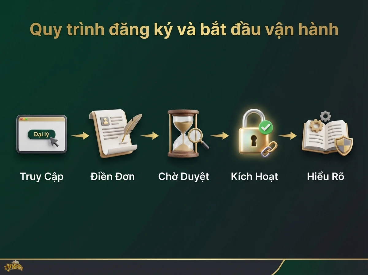 Quy tr&igrave;nh đăng k&yacute; đại l&yacute; m&ocirc; tả c&aacute;c bước để ho&agrave;n tất đăng k&yacute; v&agrave; k&iacute;ch hoạt t&agrave;i khoản qua m&agrave;n h&igrave;nh m&aacute;y t&iacute;nh v&agrave; ổ kh&oacute;a