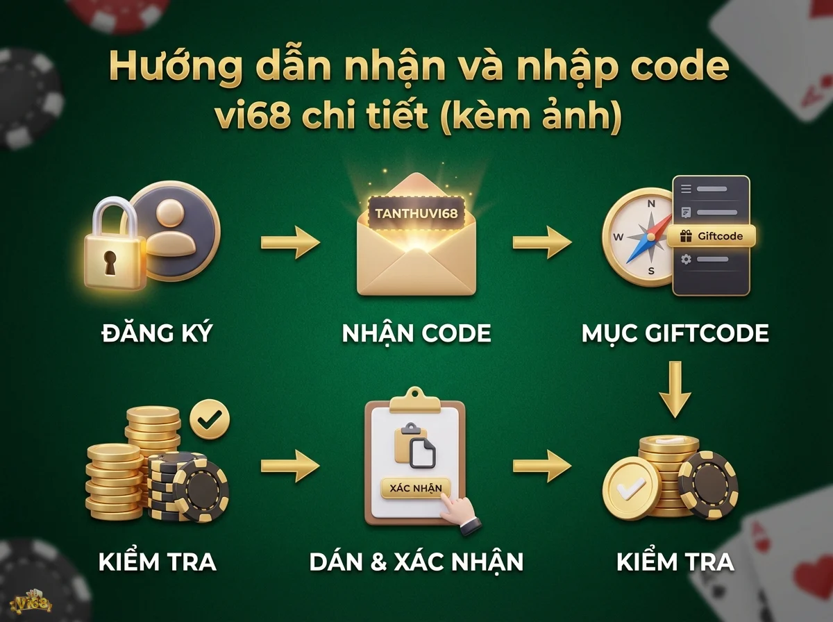 Quy tr&igrave;nh nhận v&agrave; nhập code minh họa chi tiết c&aacute;c bước thực hiện qua phong b&igrave; m&atilde; qu&agrave; v&agrave; đồng xu chip