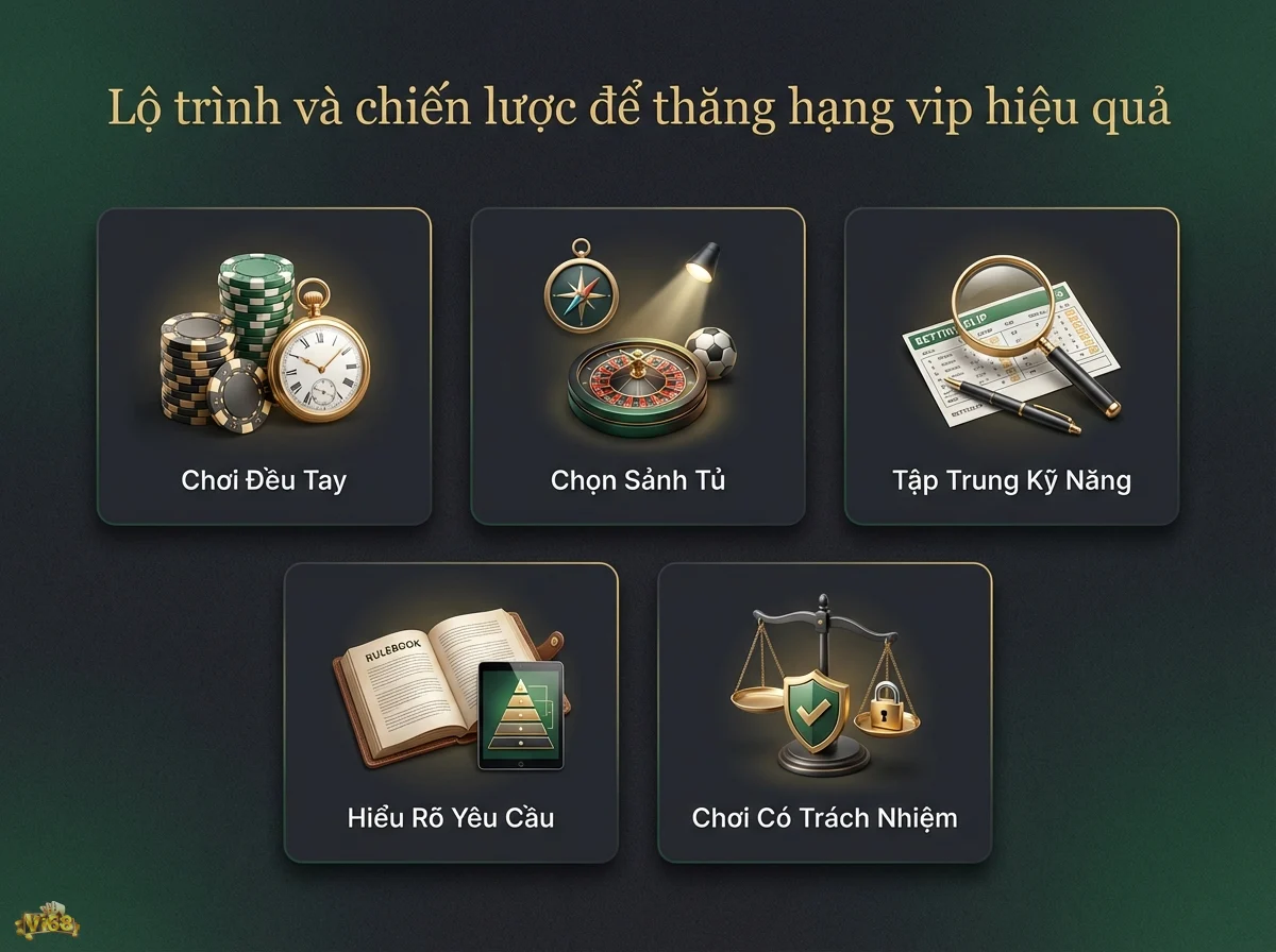 Lộ tr&igrave;nh thăng hạng VIP gi&uacute;p người chơi x&acirc;y dựng chiến lược c&aacute; cược hiệu quả, thể hiện qua chip poker v&agrave; b&agrave;n c&acirc;n