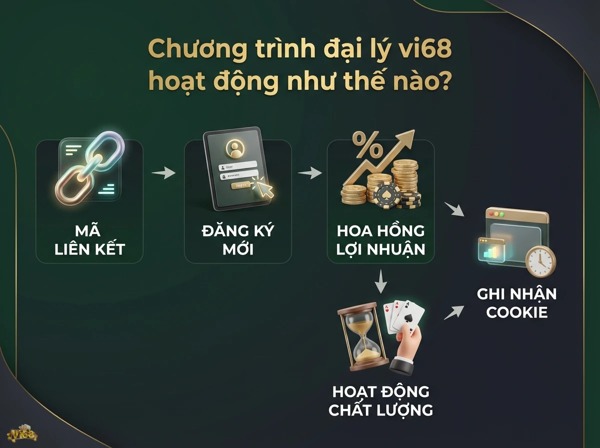 Chương tr&igrave;nh đại l&yacute; vi68 giải th&iacute;ch cơ chế thu nhập từ giới thiệu th&ocirc;ng qua m&atilde; li&ecirc;n kết v&agrave; biểu tượng tiền hoa hồng