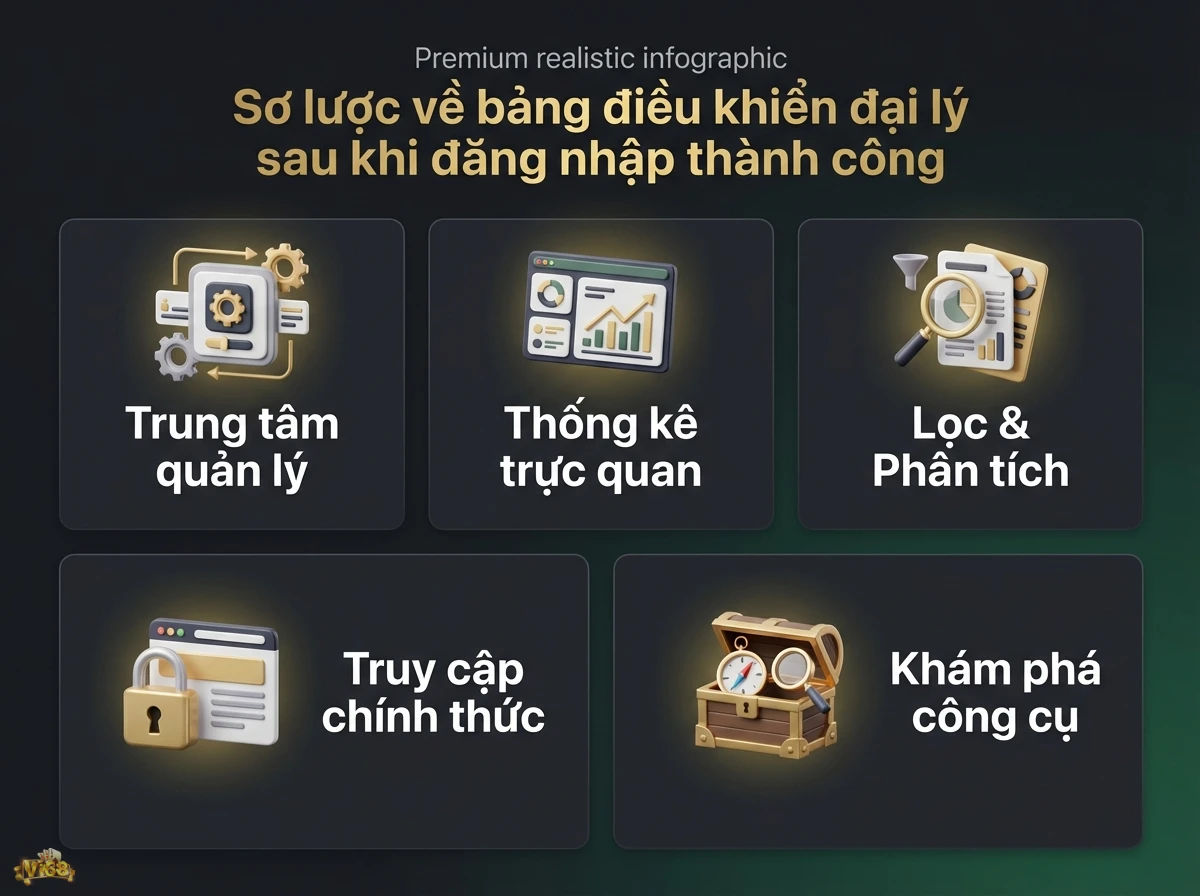 Bảng điều khiển đại lý hiện các tính năng quản lý và phân tích hiệu quả hoạt động qua biểu tượng cài đặt và biểu đồ đơn giản