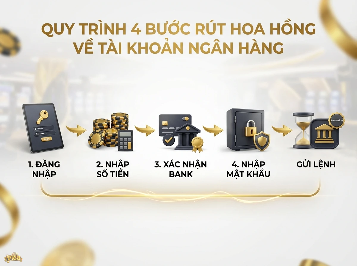 rút hoa hồng về tài khoản ngân hàng giải thích các bước giao dịch rút hoa hồng với biểu tượng đăng nhập và thẻ ngân hàng