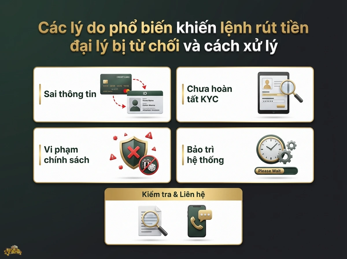 lệnh rút tiền đại lý bị từ chối tổng hợp các nguyên nhân phổ biến và hướng dẫn xử lý với biểu tượng cảnh báo và điện thoại