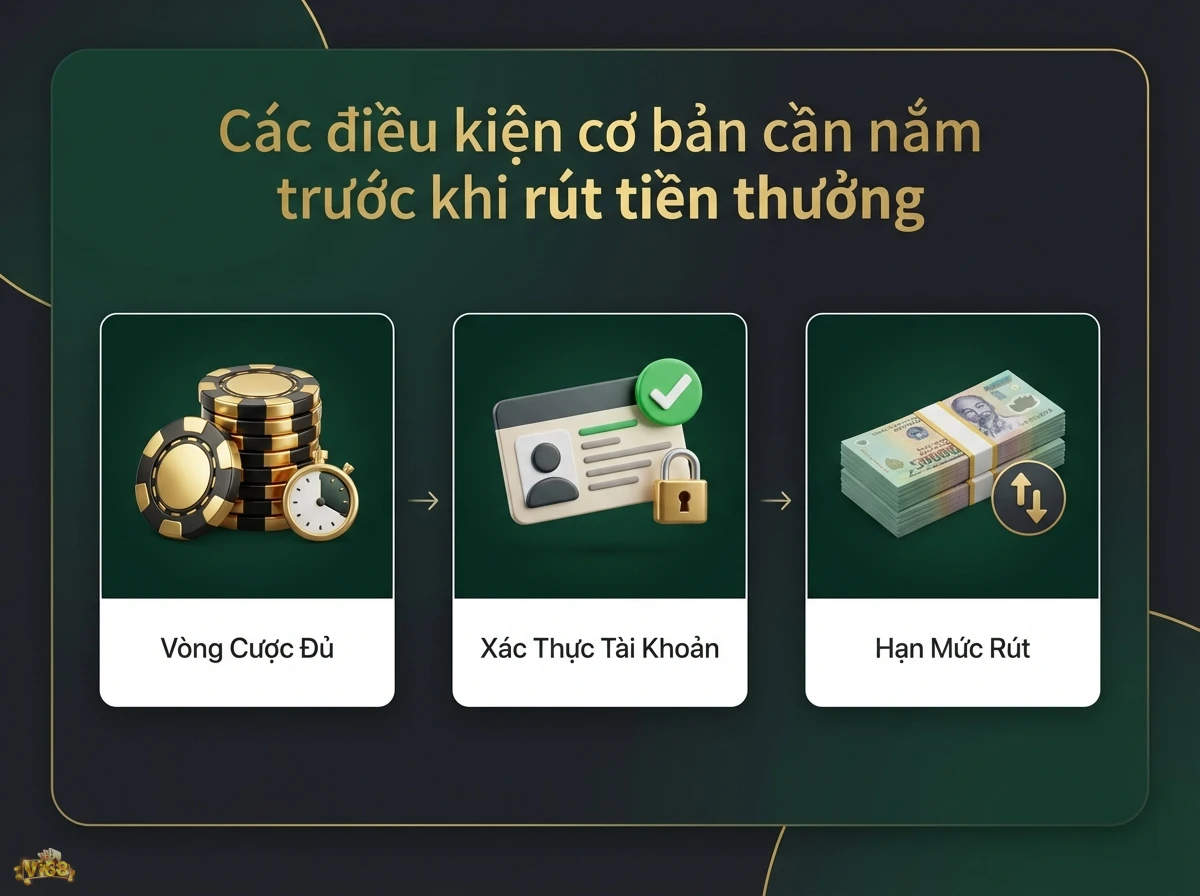Điều kiện r&uacute;t tiền thưởng giải th&iacute;ch c&aacute;c y&ecirc;u cầu quan trọng cần nắm trước khi nhận thưởng, thể hiện qua chip poker v&agrave; tiền mặt