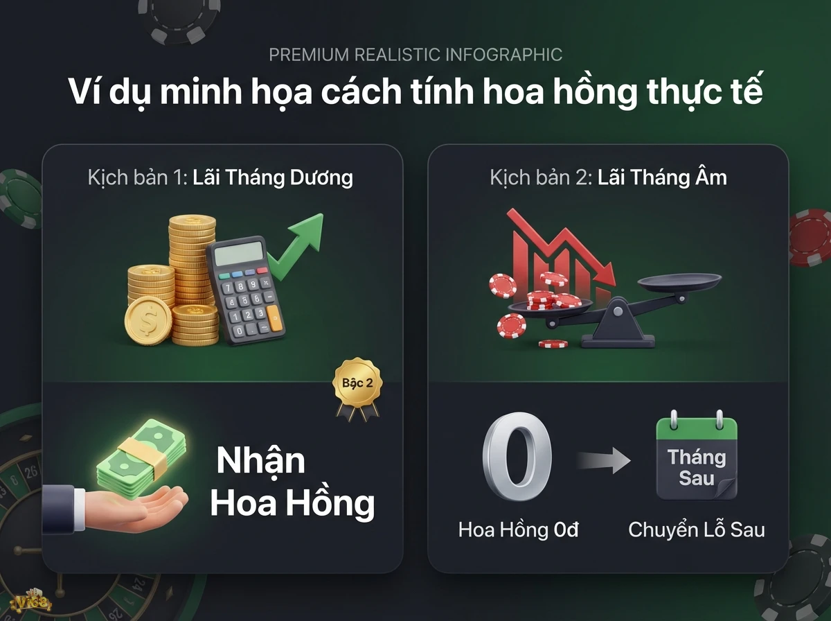 C&aacute;ch t&iacute;nh hoa hồng thực tế minh bạch c&aacute;c kịch bản nhận v&agrave; kh&ocirc;ng nhận hoa hồng qua đồng xu, mũi t&ecirc;n l&ecirc;n v&agrave; biểu đồ giảm