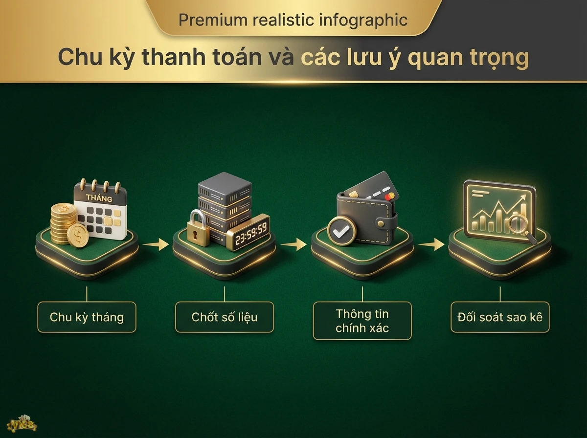 Chu kỳ thanh to&aacute;n hoa hồng gi&uacute;p đối t&aacute;c nắm r&otilde; quy tr&igrave;nh nhận thưởng, qua c&aacute;c biểu tượng lịch v&agrave; biểu đồ