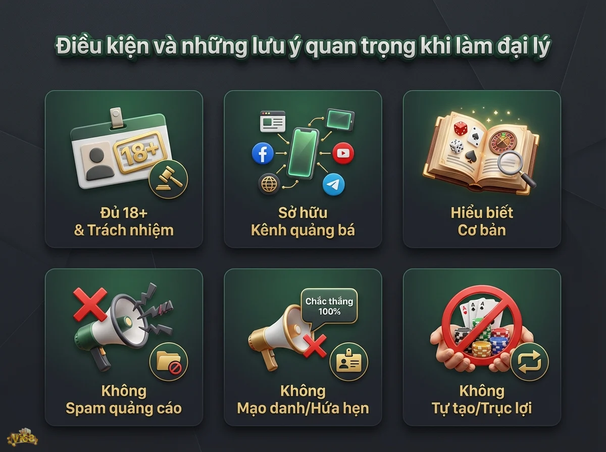 Điều kiện v&agrave; lưu &yacute; l&agrave;m đại l&yacute; gi&uacute;p người d&ugrave;ng nắm r&otilde; c&aacute;c quy tắc v&agrave; giới hạn cần tu&acirc;n thủ, thể hiện qua biểu tượng thẻ căn cước v&agrave; c&aacute;c quy tắc cấm