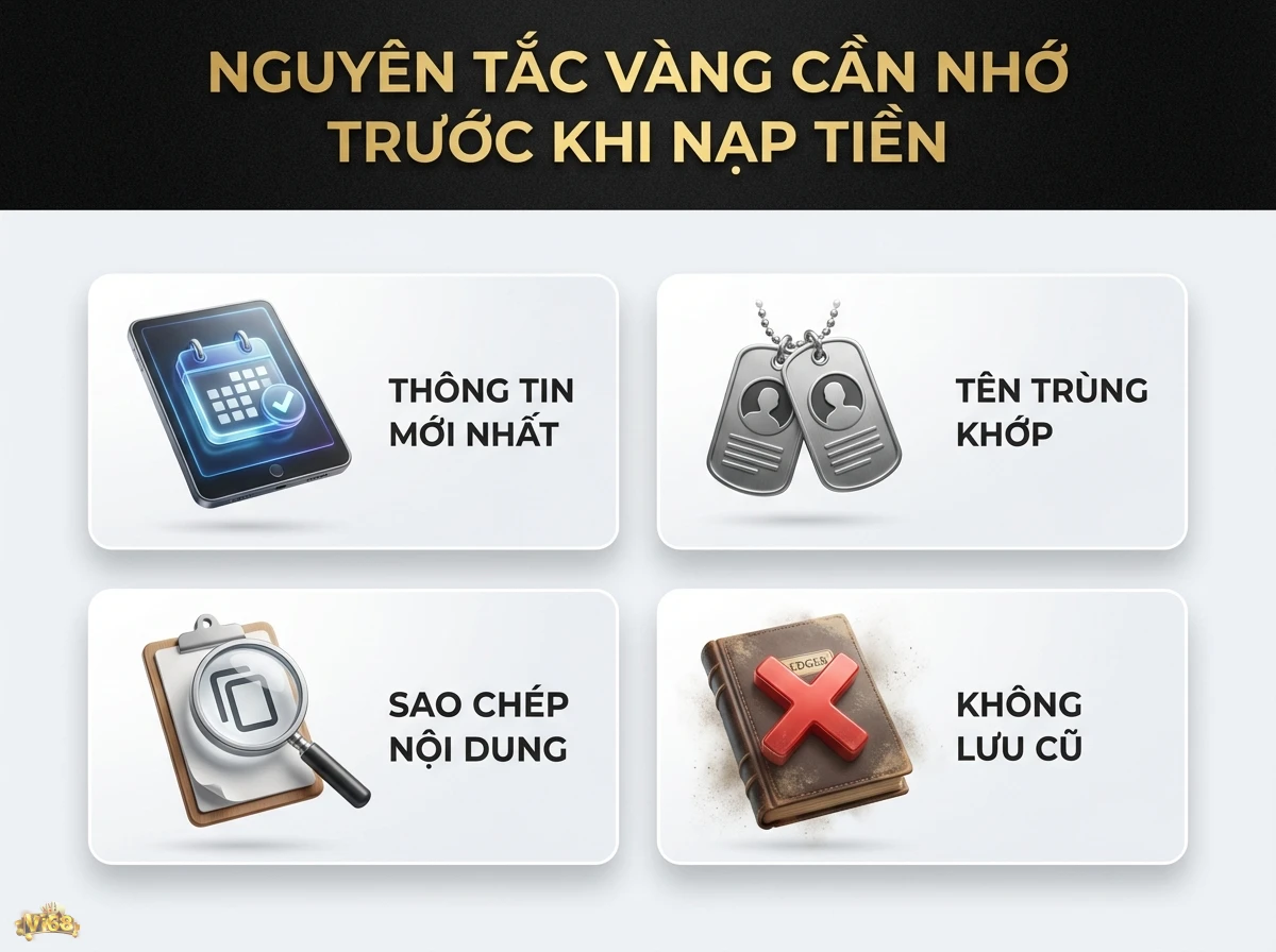 Nguy&ecirc;n tắc nạp tiền cần nhớ để đảm bảo giao dịch an to&agrave;n, gồm kiểm tra th&ocirc;ng tin mới nhất qua biểu tượng lịch v&agrave; tr&aacute;nh d&ugrave;ng s&aacute;ch cũ bị gạch ch&eacute;o