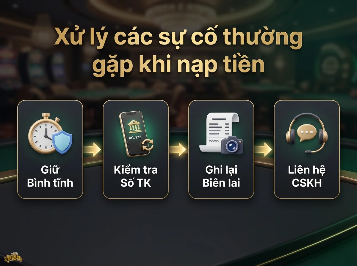 Xử l&yacute; sự cố nạp tiền, cung cấp quy tr&igrave;nh ứng ph&oacute; với c&aacute;c vấn đề qua biểu tượng đồng hồ bấm giờ v&agrave; bi&ecirc;n lai giao dịch