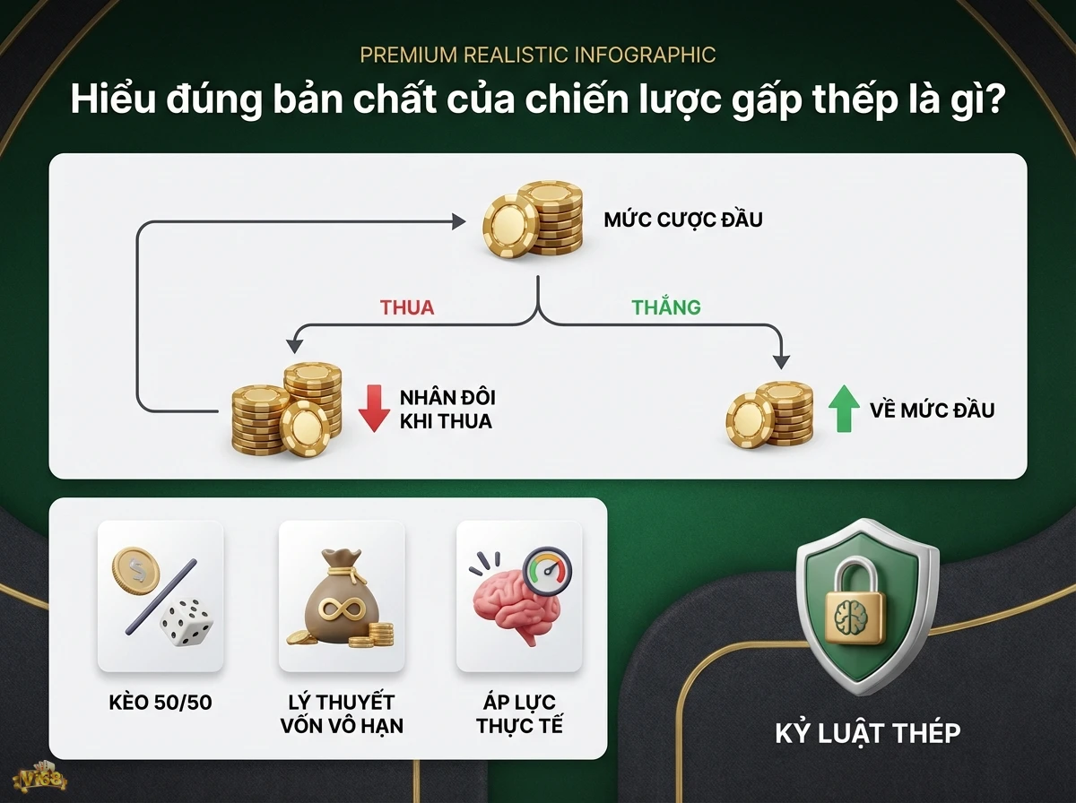 Chiến lược gấp thếp giải th&iacute;ch nguy&ecirc;n tắc đặt cược v&agrave; quản l&yacute; vốn qua c&aacute;c chuỗi thắng thua, thể hiện bằng chip poker v&agrave; mũi t&ecirc;n l&ecirc;n xuống