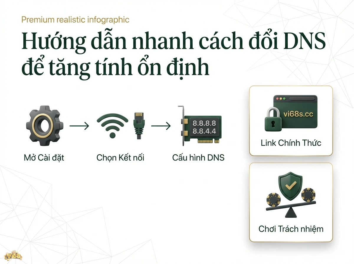 Cấu h&igrave;nh DNS gi&uacute;p khắc phục sự cố kết nối, đảm bảo trải nghiệm trực tuyến ổn định, thể hiện qua biểu tượng b&aacute;nh răng v&agrave; thẻ địa chỉ 8.8.8.8