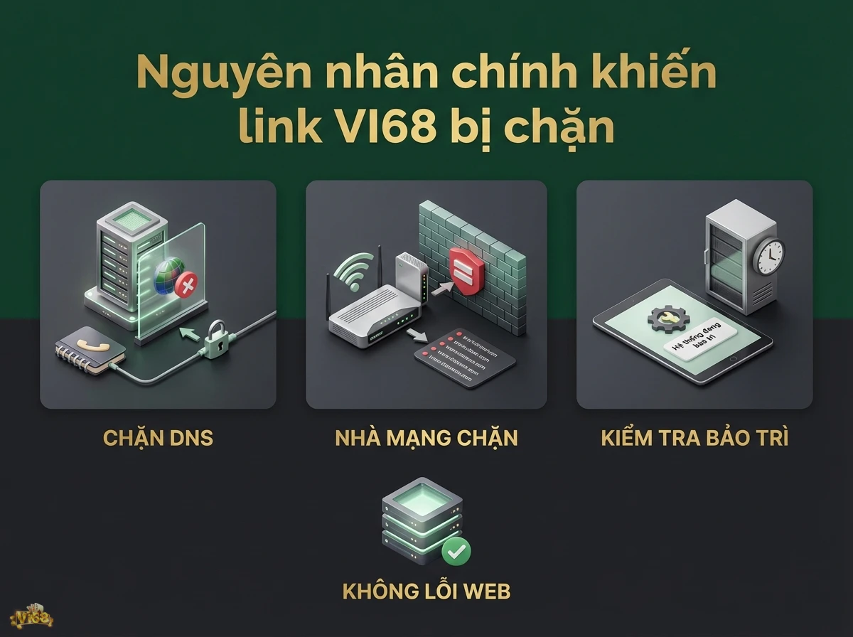 Nguy&ecirc;n nh&acirc;n link bị chặn m&ocirc; tả c&aacute;c phương thức hạn chế truy cập v&agrave; t&igrave;nh trạng bảo tr&igrave; hệ thống, minh họa qua server v&agrave; tường lửa