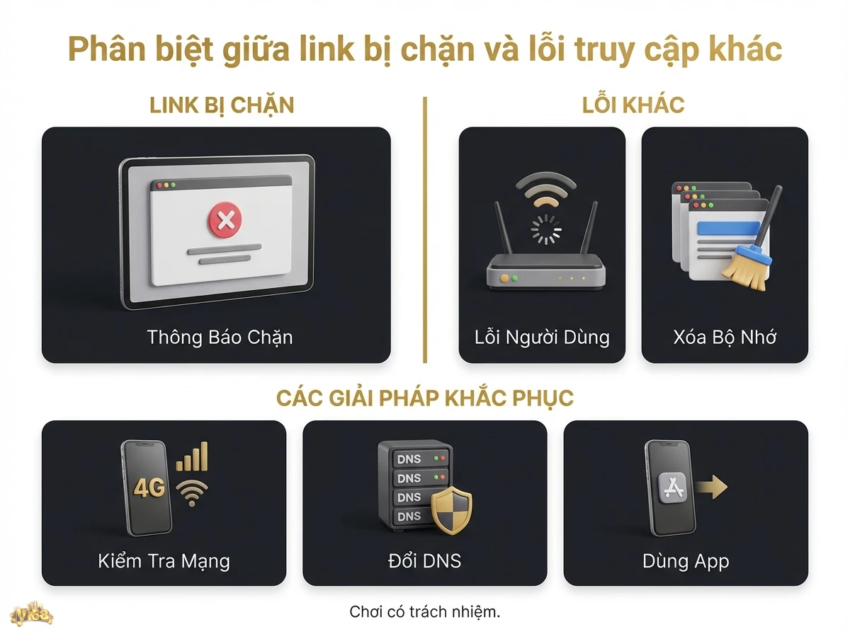 Ph&acirc;n biệt link bị chặn v&agrave; lỗi truy cập, c&ugrave;ng giải ph&aacute;p xử l&yacute; hiệu quả qua th&ocirc;ng b&aacute;o lỗi, router v&agrave; biểu tượng DNS