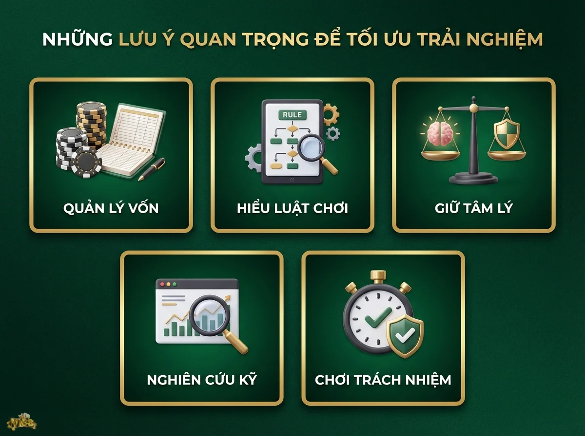 Những lưu &yacute; quan trọng t&oacute;m tắt c&aacute;c nguy&ecirc;n tắc gi&uacute;p tối ưu trải nghiệm v&agrave; chơi c&oacute; tr&aacute;ch nhiệm, thể hiện qua h&igrave;nh ảnh chip poker v&agrave; k&iacute;nh l&uacute;p