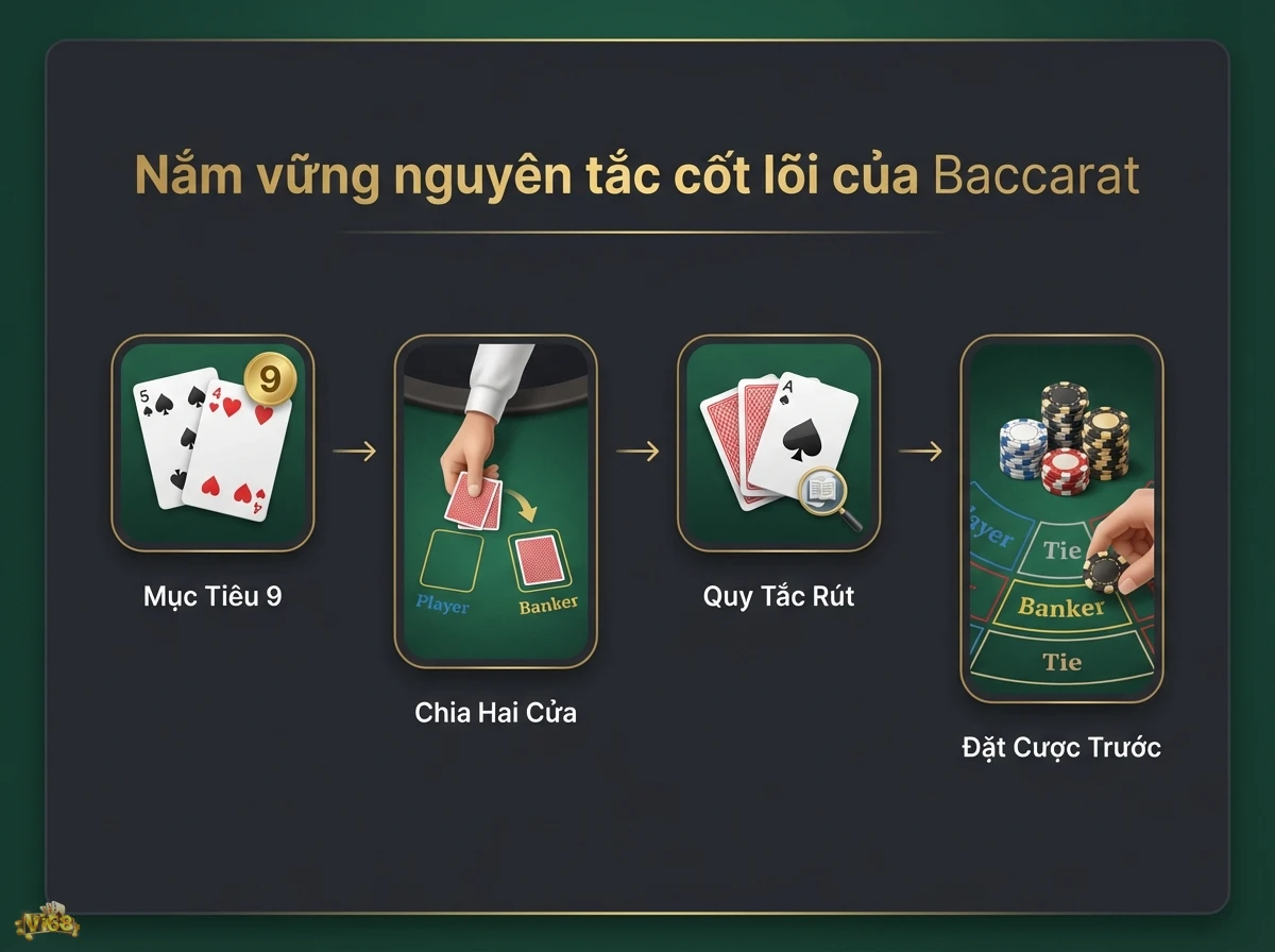 Luật chơi Baccarat gi&uacute;p người chơi hiểu r&otilde; c&aacute;ch vận h&agrave;nh v&agrave; c&aacute;c quy tắc ch&iacute;nh qua h&igrave;nh ảnh l&aacute; b&agrave;i v&agrave; chip poker