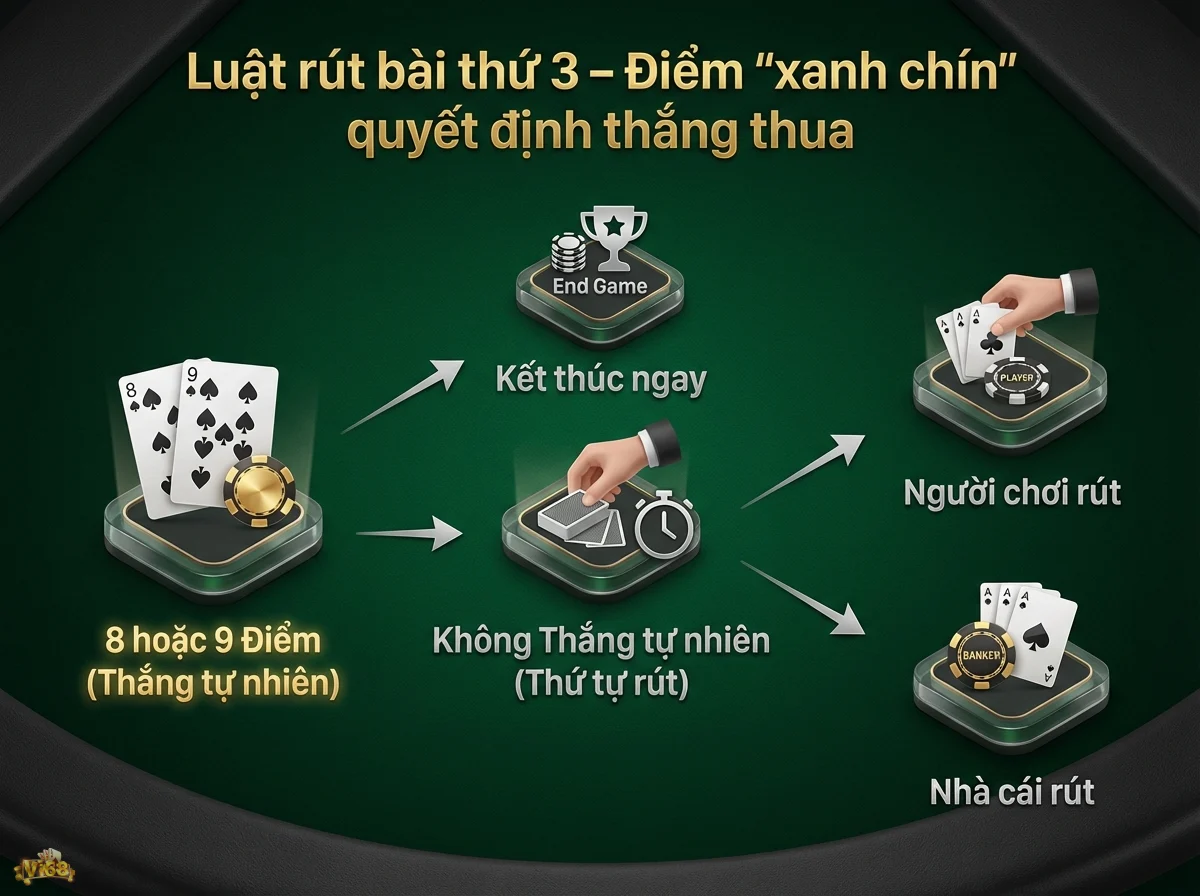 Luật r&uacute;t b&agrave;i thứ 3 giải th&iacute;ch c&aacute;c trường hợp r&uacute;t b&agrave;i thứ 3, với h&igrave;nh ảnh l&aacute; b&agrave;i v&agrave; chip poker
