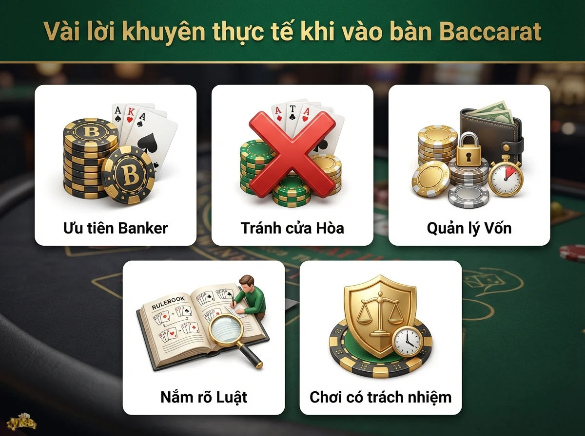 Lời khuy&ecirc;n chơi Baccarat hiệu quả, cung cấp c&aacute;c mẹo quản l&yacute; vốn v&agrave; lựa chọn cửa cược minh họa bằng chip poker v&agrave; l&aacute; b&agrave;i