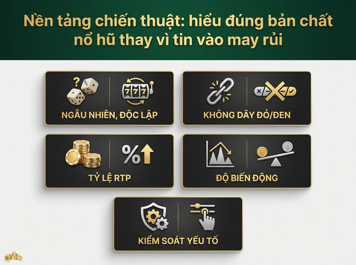 Chiến thuật nổ hũ gi&uacute;p hiểu c&aacute;c yếu tố ngẫu nhi&ecirc;n, RTP, độ biến động để x&acirc;y dựng chiến thuật, minh họa bằng x&uacute;c xắc, đồng xu v&agrave; biểu đồ