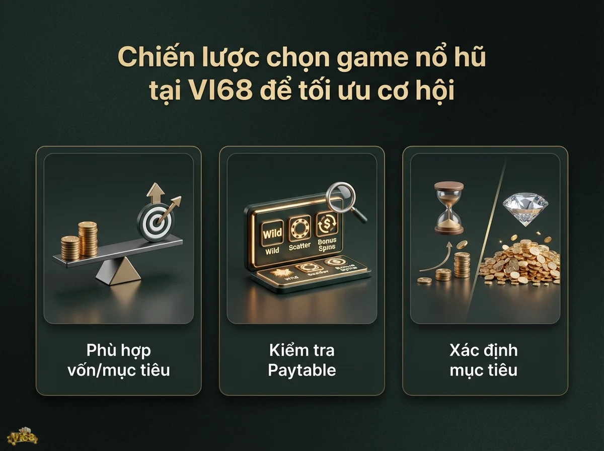 Chiến lược chọn game nổ hũ bao gồm quản l&yacute; vốn, kiểm tra Paytable v&agrave; x&aacute;c định mục ti&ecirc;u, thể hiện qua đồng xu v&agrave; k&iacute;nh l&uacute;p