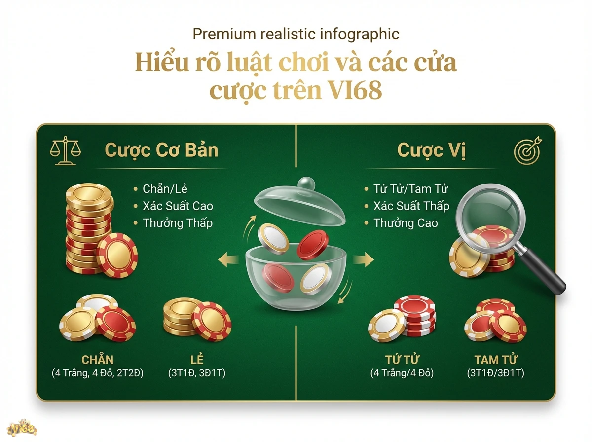 Luật chơi v&agrave; c&aacute;c cửa cược X&oacute;c đĩa được minh họa chi tiết cửa cược cơ bản v&agrave; cửa cược vị qua đồng xu v&agrave; chip