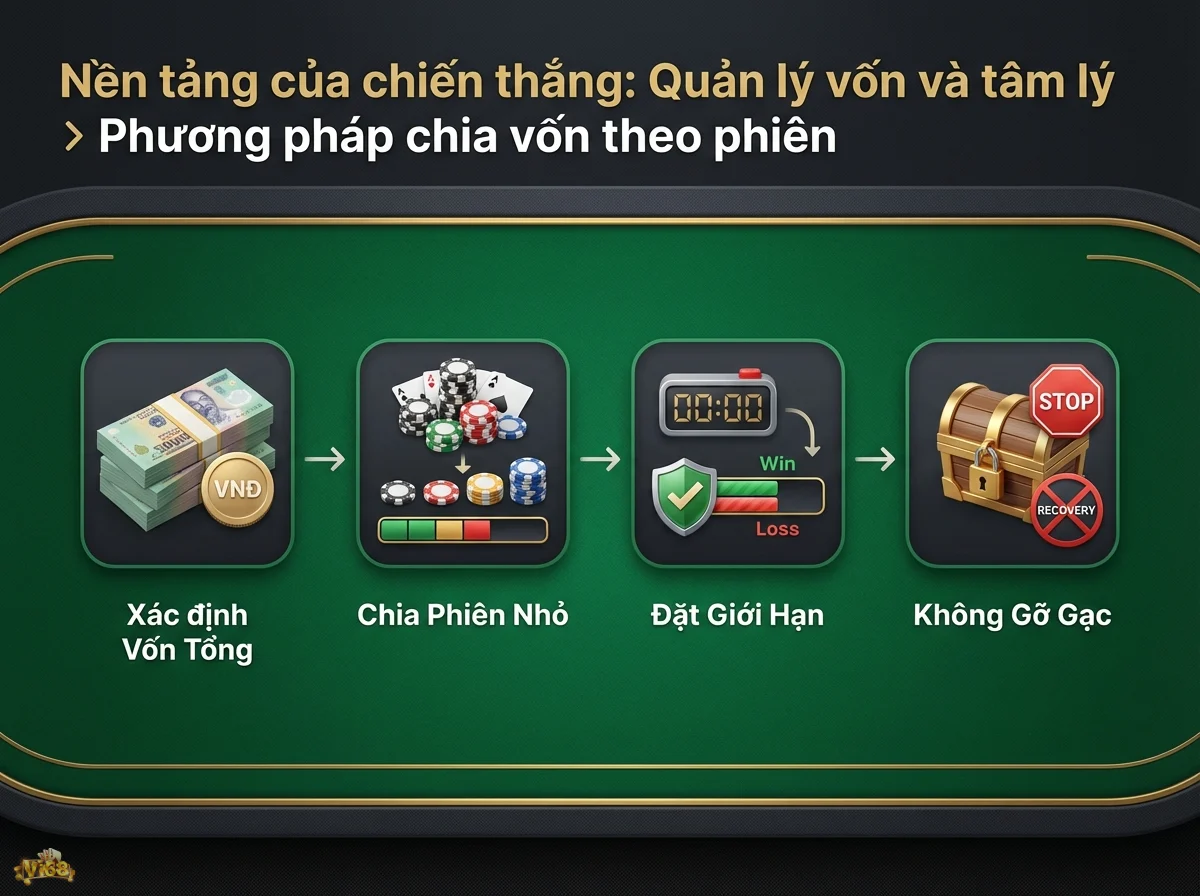 Phương ph&aacute;p chia vốn theo phi&ecirc;n gi&uacute;p người chơi kiểm so&aacute;t rủi ro v&agrave; giới hạn phi&ecirc;n cược qua h&igrave;nh ảnh xếp tiền VND v&agrave; biểu tượng dừng