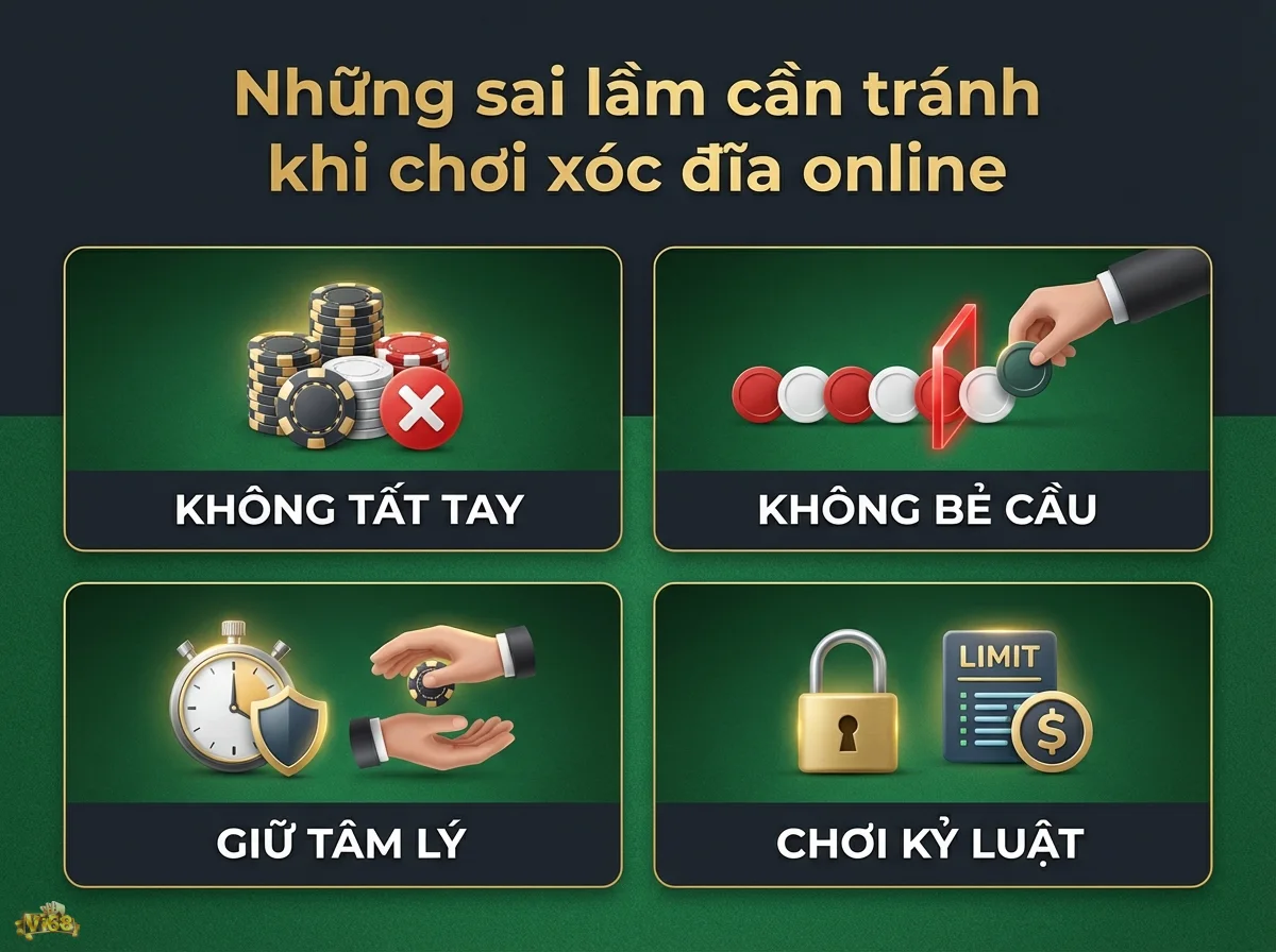 Sai lầm khi chơi x&oacute;c đĩa gi&uacute;p người chơi tr&aacute;nh th&oacute;i quen xấu v&agrave; quản l&yacute; vốn qua h&igrave;nh ảnh chip poker v&agrave; biểu tượng kh&oacute;a
