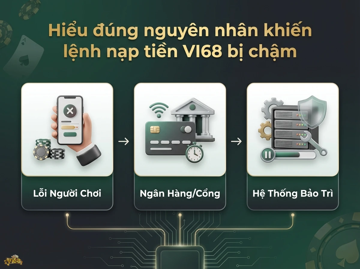 nguy&ecirc;n nh&acirc;n nạp tiền chậm gi&uacute;p người chơi hiểu r&otilde; c&aacute;c sự cố thường gặp, thể hiện qua h&igrave;nh ảnh chip poker v&agrave; biểu tượng ng&acirc;n h&agrave;ng