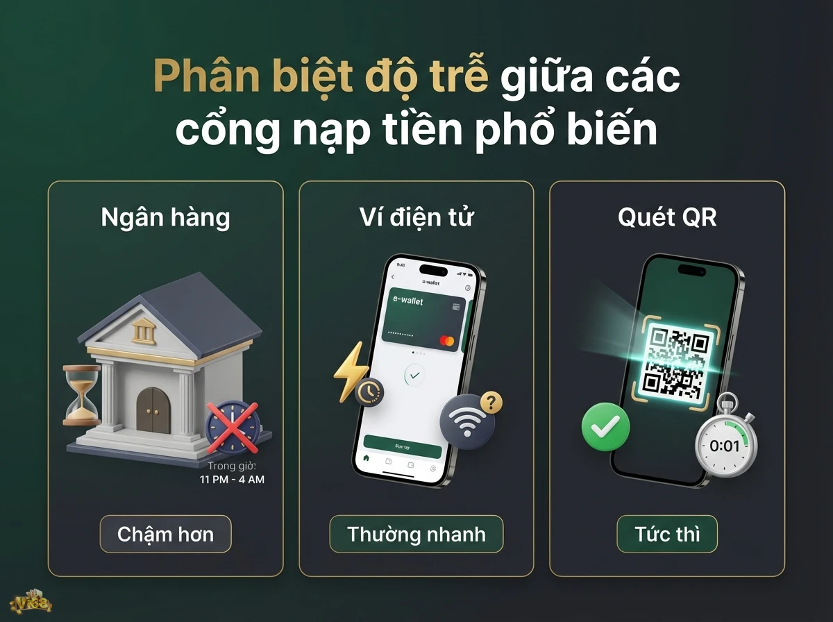 độ trễ cổng nạp tiền so s&aacute;nh tốc độ xử l&yacute; của c&aacute;c phương thức giao dịch qua biểu tượng ng&acirc;n h&agrave;ng v&agrave; m&atilde; QR