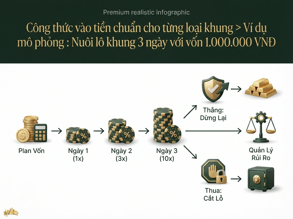 C&ocirc;ng thức v&agrave;o tiền nu&ocirc;i l&ocirc; khung minh họa chiến lược quản l&yacute; vốn v&agrave; rủi ro chi tiết với chip poker v&agrave; đồng xu