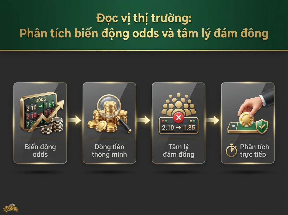 Ph&acirc;n t&iacute;ch biến động odds v&agrave; t&acirc;m l&yacute; đ&aacute;m đ&ocirc;ng gi&uacute;p đưa ra quyết định đặt cược th&ocirc;ng minh, hiển thị qua bảng odds v&agrave; đồng xu