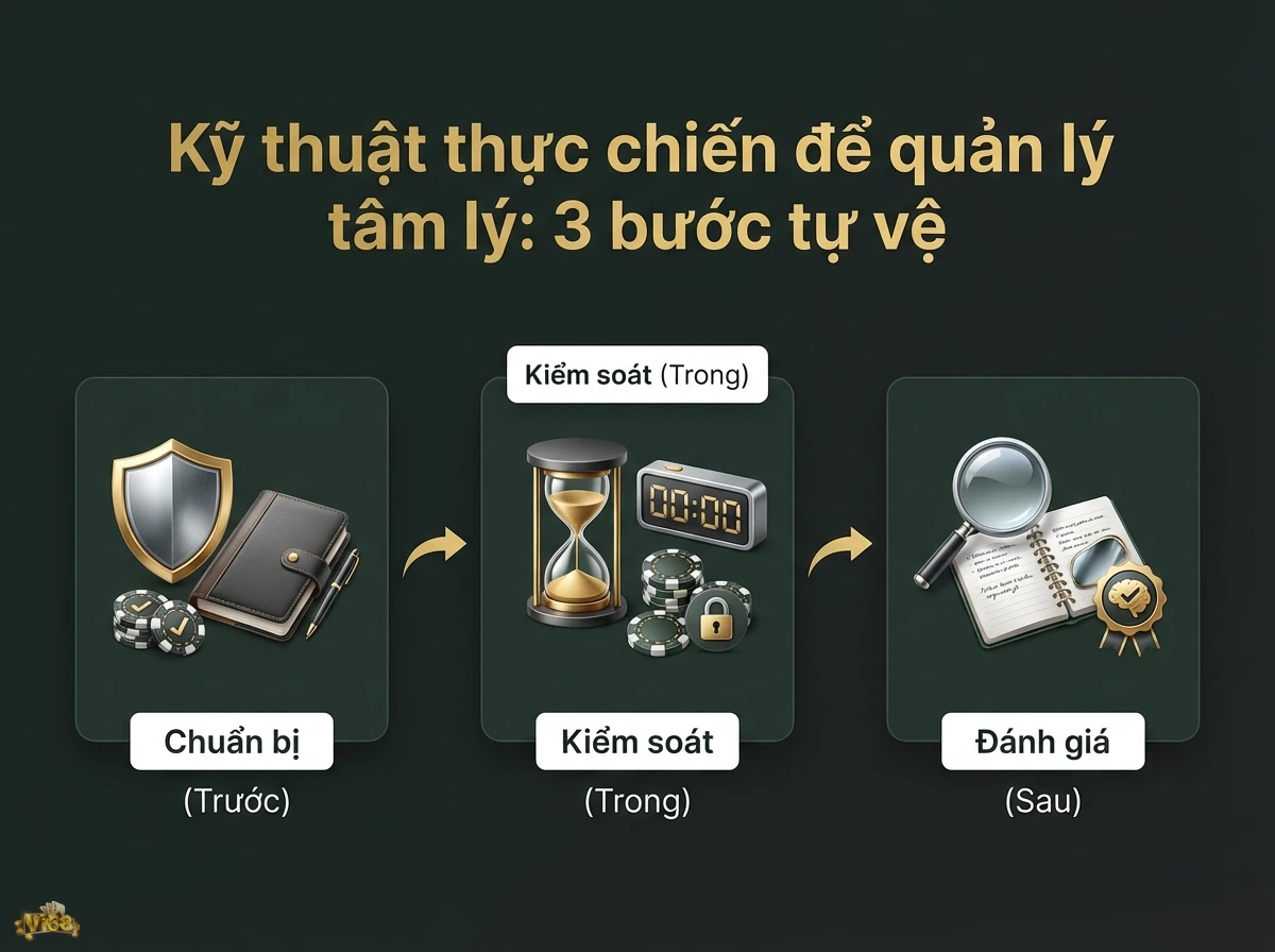 Quản l&yacute; t&acirc;m l&yacute; qua ba bước chuẩn bị, kiểm so&aacute;t, đ&aacute;nh gi&aacute; với h&igrave;nh ảnh chip poker v&agrave; đồng hồ c&aacute;t