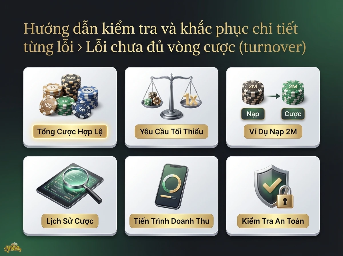 Lỗi chưa đủ v&ograve;ng cược hướng dẫn chi tiết c&aacute;ch kiểm tra v&agrave; khắc phục, minh họa qua chip poker v&agrave; k&iacute;nh l&uacute;p