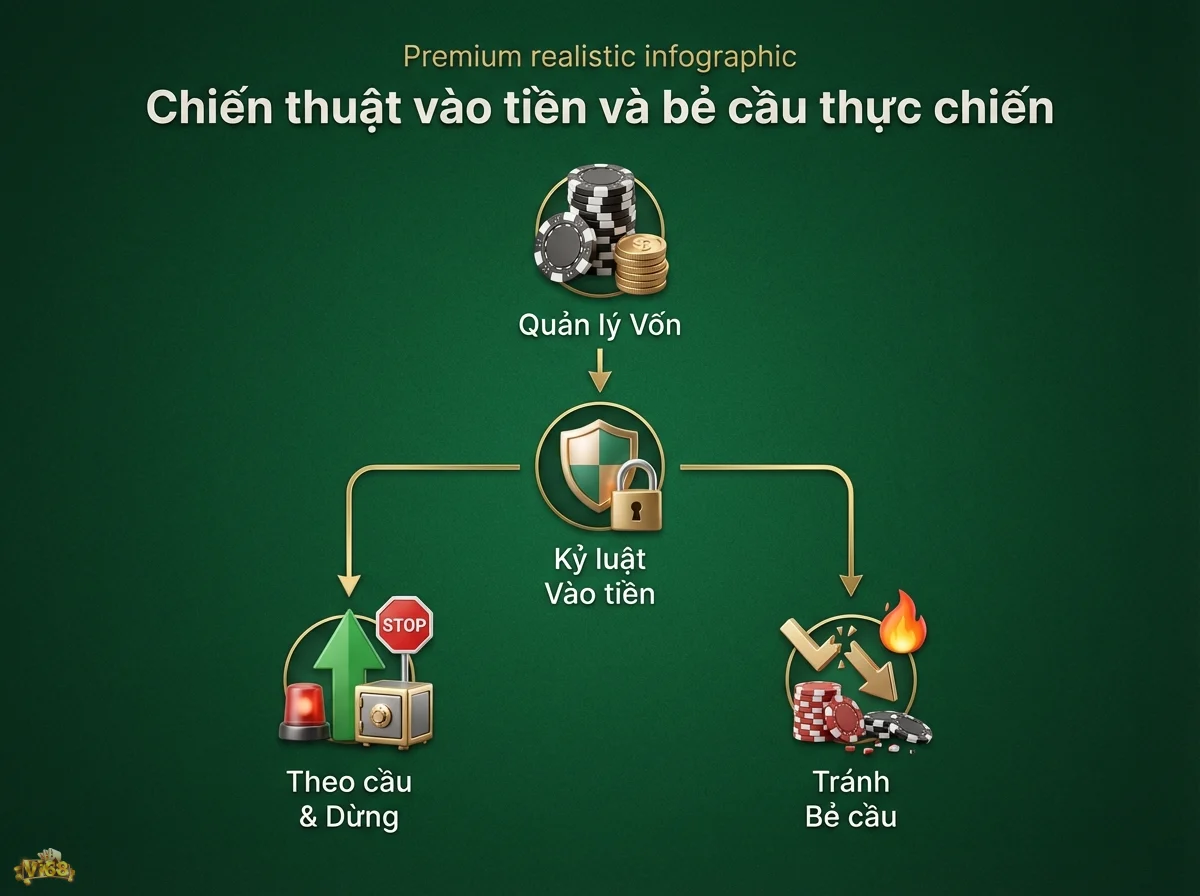 Kỷ luật v&agrave;o tiền v&agrave; quản l&yacute; vốn, hướng dẫn c&aacute;ch theo cầu, dừng đ&uacute;ng l&uacute;c v&agrave; tr&aacute;nh bẻ cầu, với h&igrave;nh ảnh chip poker v&agrave; l&aacute; chắn