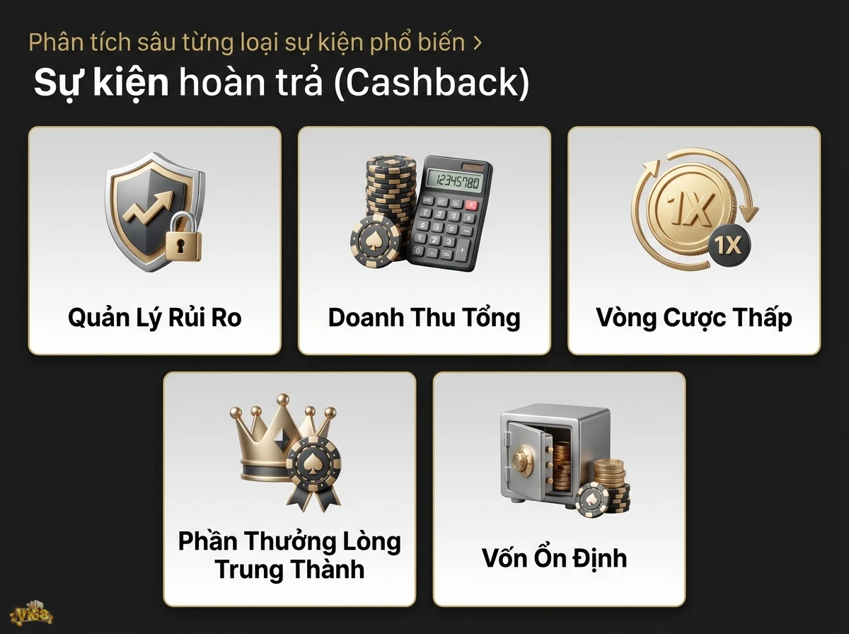 Sự kiện ho&agrave;n trả (Cashback) minh họa c&aacute;c kh&iacute;a cạnh ch&iacute;nh của cơ chế ho&agrave;n trả qua c&aacute;c biểu tượng chip poker, đồng xu