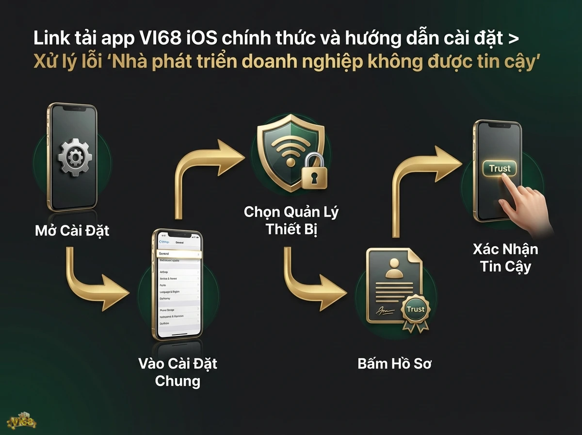 Xử l&yacute; lỗi nh&agrave; ph&aacute;t triển kh&ocirc;ng tin cậy minh họa c&aacute;c bước x&aacute;c nhận quyền tin cậy ứng dụng tr&ecirc;n thiết bị iOS với giao diện c&agrave;i đặt v&agrave; n&uacute;t Trust