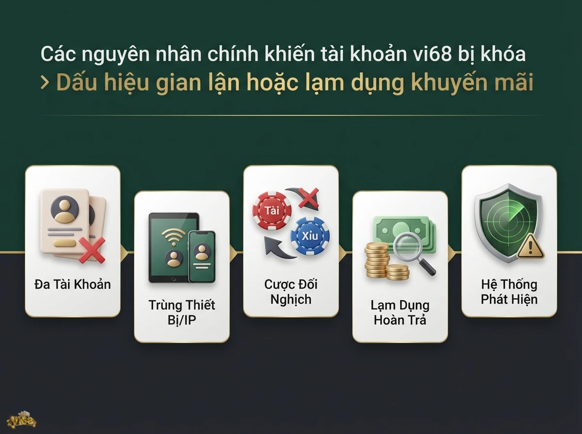 C&aacute;c dấu hiệu gian lận v&agrave; lạm dụng khuyến m&atilde;i dẫn đến kh&oacute;a t&agrave;i khoản, minh họa qua biểu tượng hồ sơ, thiết bị v&agrave; chip game