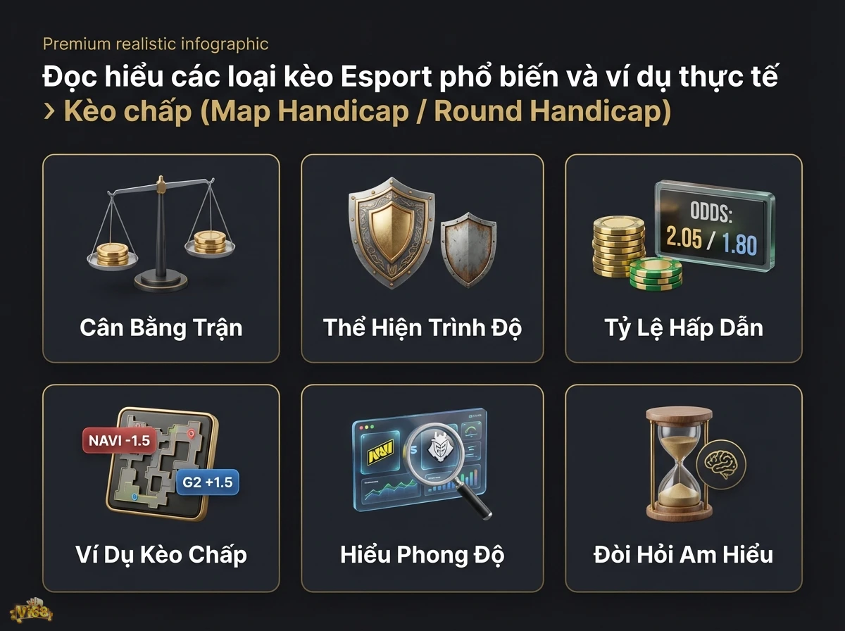 K&egrave;o chấp Esport giải th&iacute;ch c&aacute;ch hoạt động, tầm quan trọng v&agrave; y&ecirc;u cầu để đặt cược hiệu quả qua v&iacute; dụ cụ thể tr&ecirc;n bản đồ v&agrave; biểu tượng c&acirc;n bằng