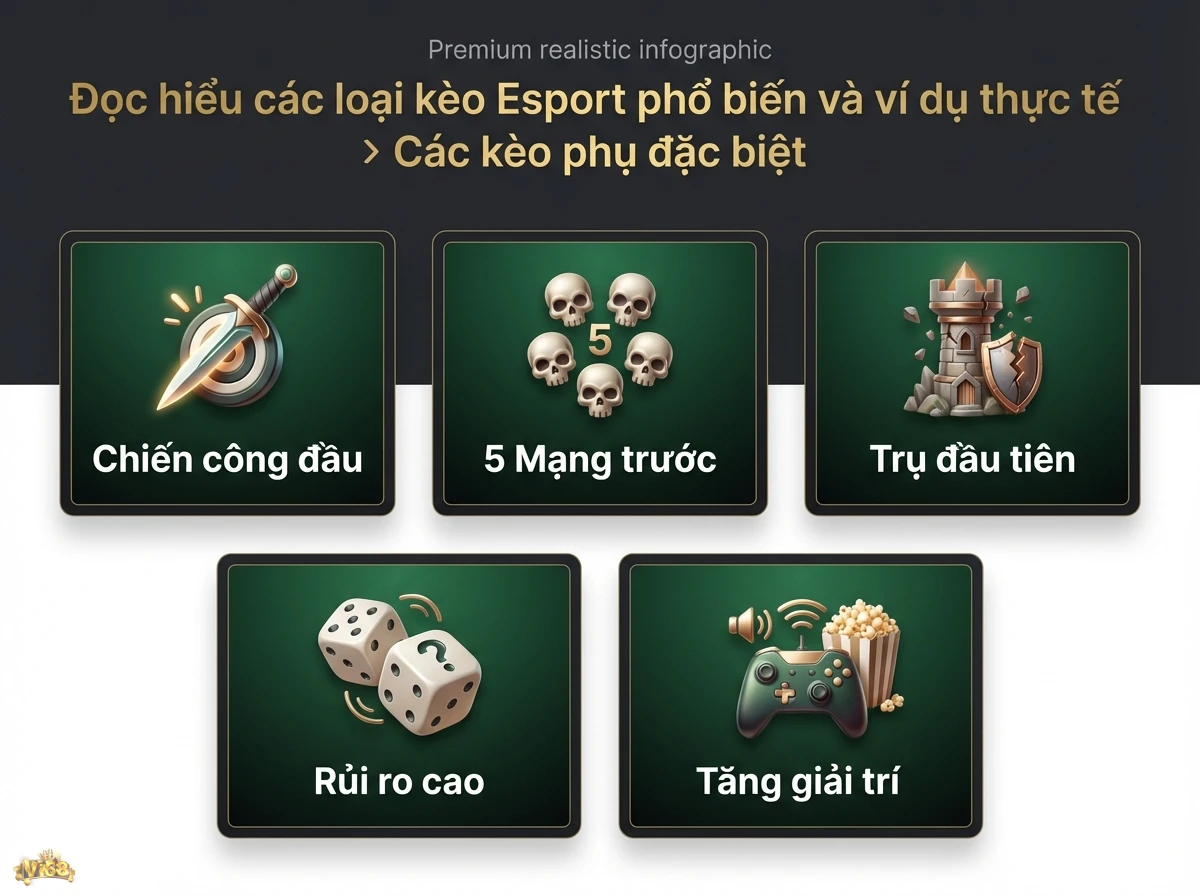 C&aacute;c k&egrave;o phụ Esport đặc biệt giải th&iacute;ch chi tiết về c&aacute;c loại k&egrave;o độc đ&aacute;o v&agrave; t&iacute;nh chất may rủi, với biểu tượng kiếm v&agrave; x&uacute;c xắc