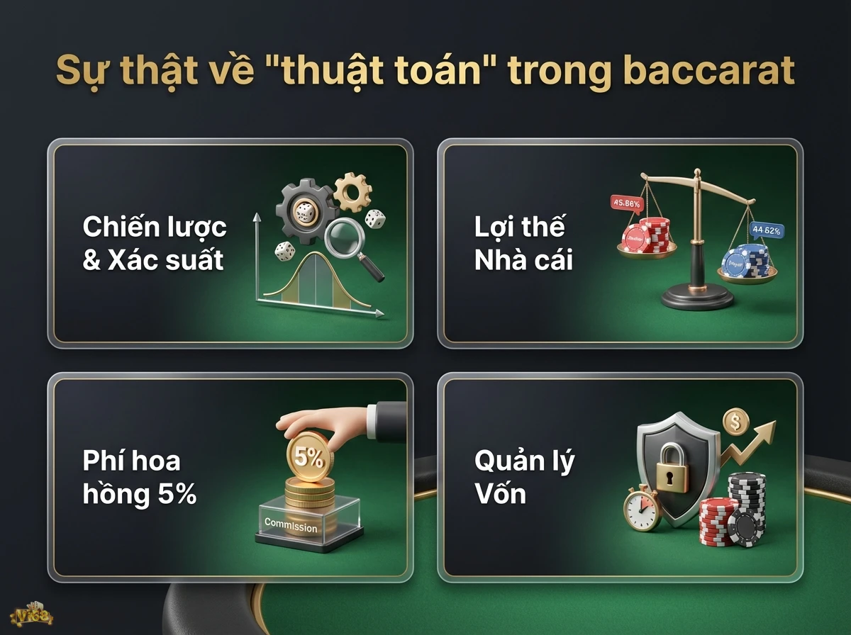 C&aacute;c yếu tố trong baccarat bao gồm chiến lược, x&aacute;c suất, lợi thế nh&agrave; c&aacute;i v&agrave; quản l&yacute; vốn được minh họa bằng chip v&agrave; biểu đồ