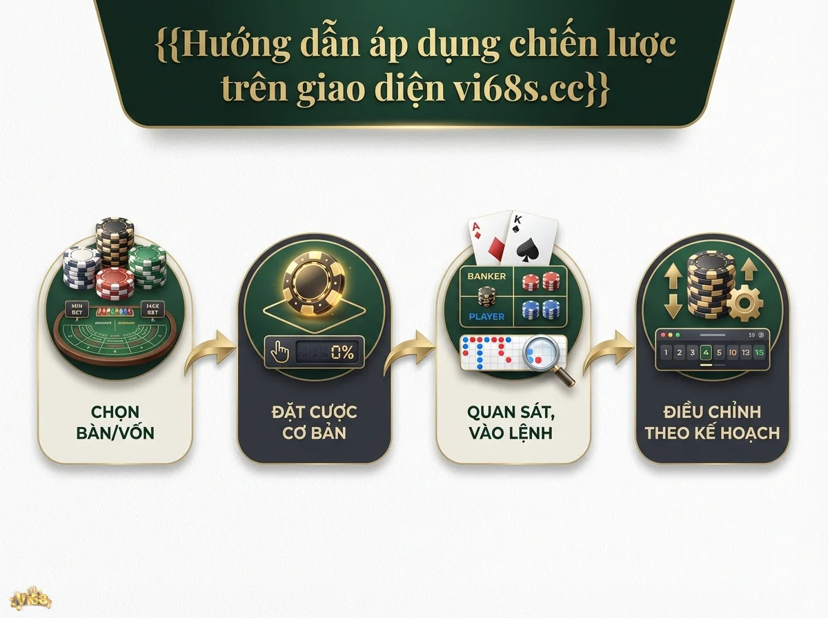 &Aacute;p dụng chiến lược Baccarat gi&uacute;p người chơi thực hiện c&aacute;c bước đặt cược với chip cược v&agrave; l&aacute; b&agrave;i hiển thị